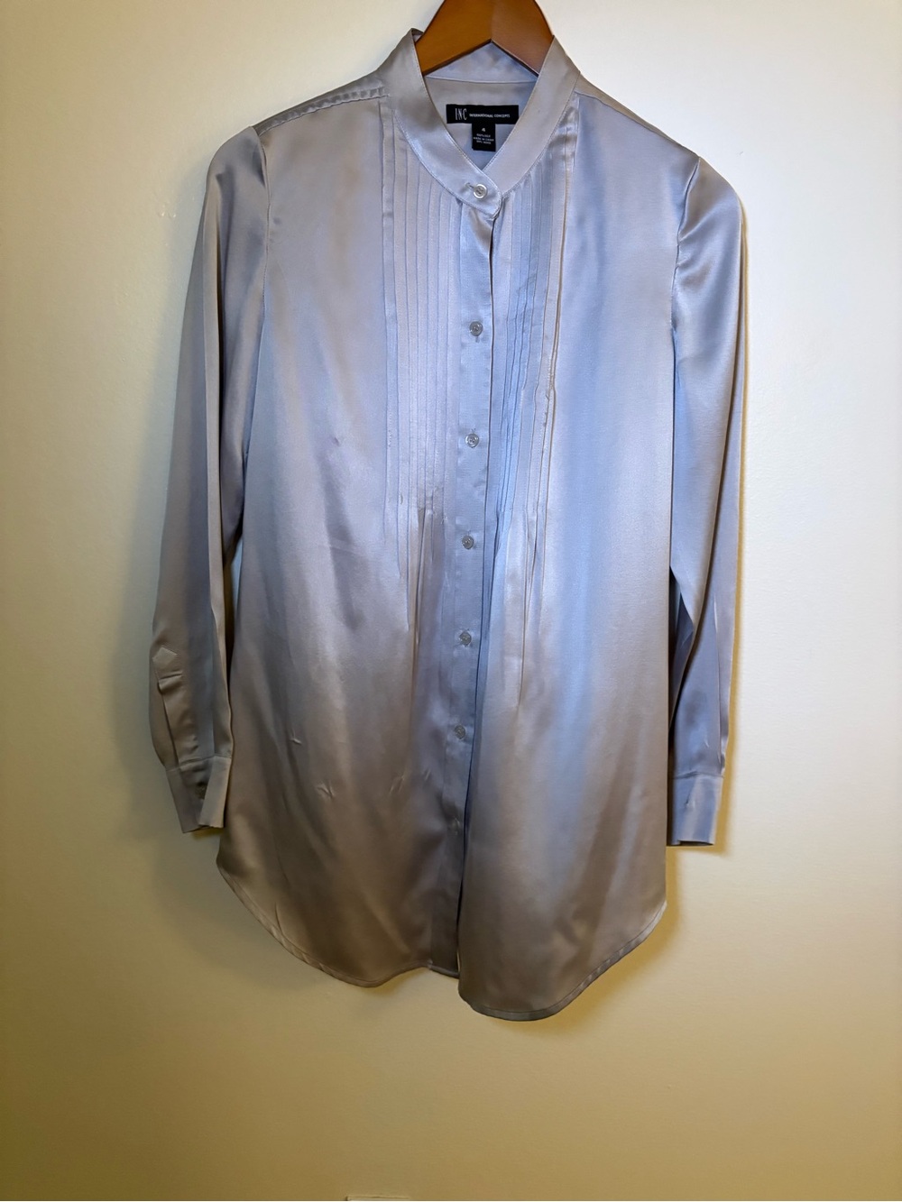 INC 100% Silk Pintuck Blouse Silver Gray Tunic Polished Silky Blouse 4/S New - Picture 8 of 11